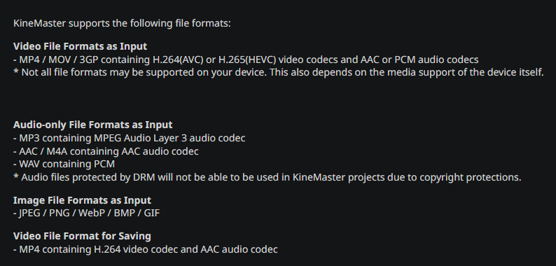 list of video and audio file formats supported in kinemaster