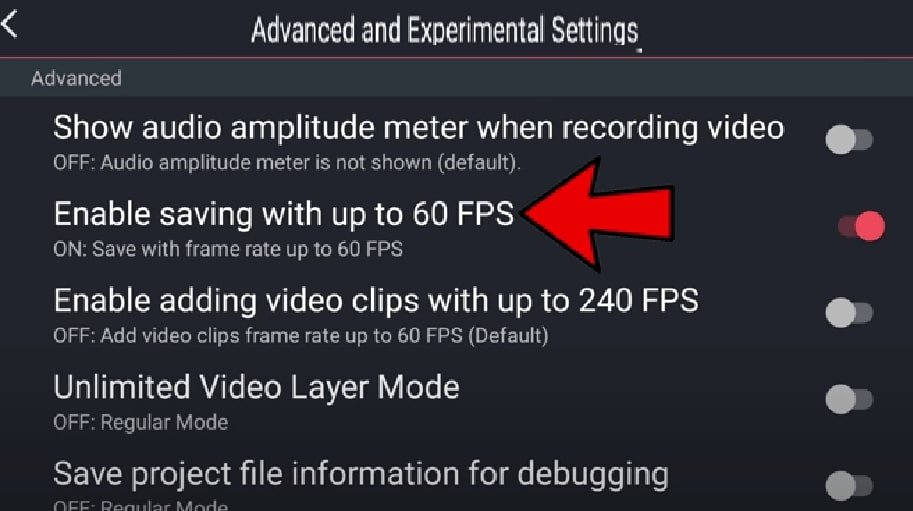 Enabling 60 FPS feature in KineMaster's advanced settings
